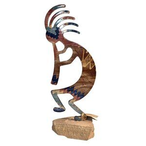 Lazart Metal Art Kokopelli Figure Mounted on Stone Base 13 3/4 in.